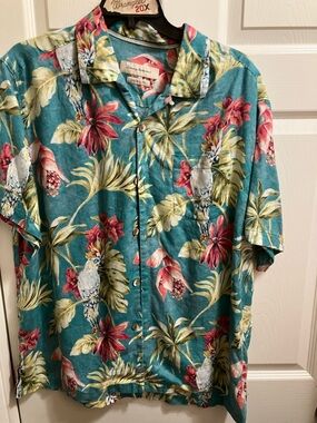 Tommy Bahama large Teal Tropical Parrot Floral Button-Up Shirt